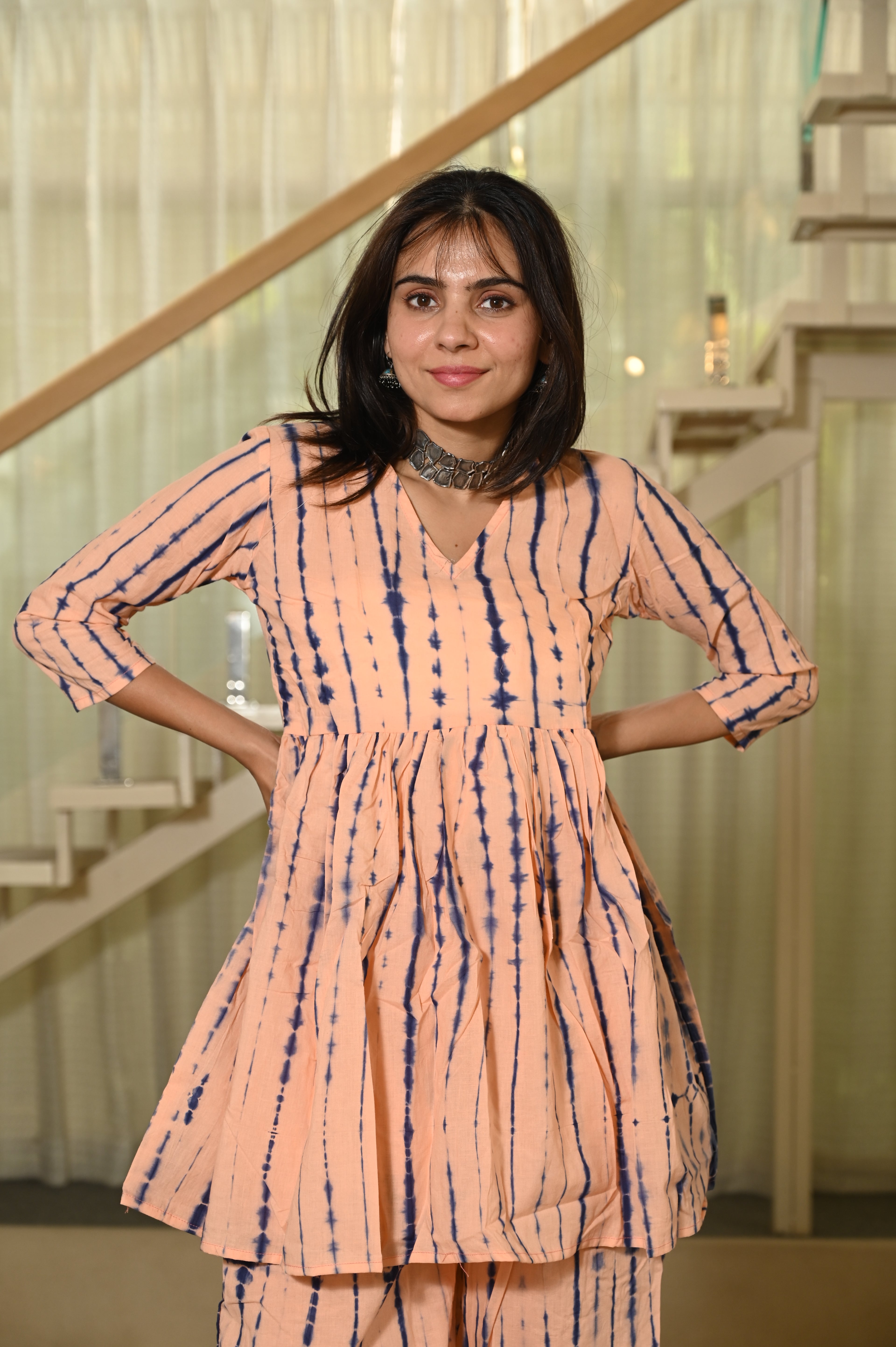 Peach Printed Block Print Cotton Co-ord Set for Women – Peplum Kurta with Straight Pants