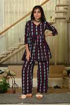 Navy Blue Handblock Print Cotton Co-ord Set for Women – Peplum Kurta & Straight Pants