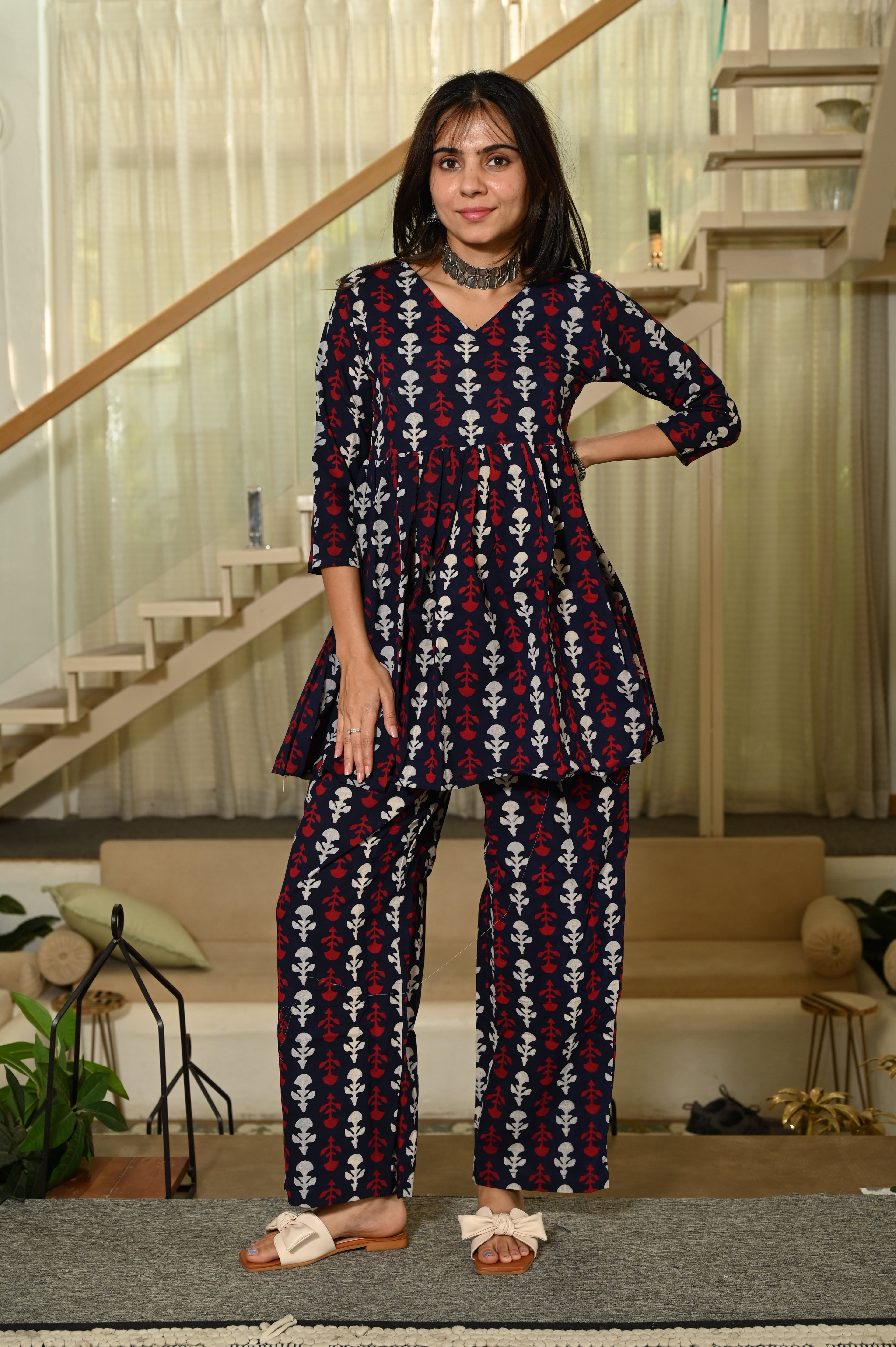 Navy Blue Handblock Print Cotton Co-ord Set for Women – Peplum Kurta & Straight Pants