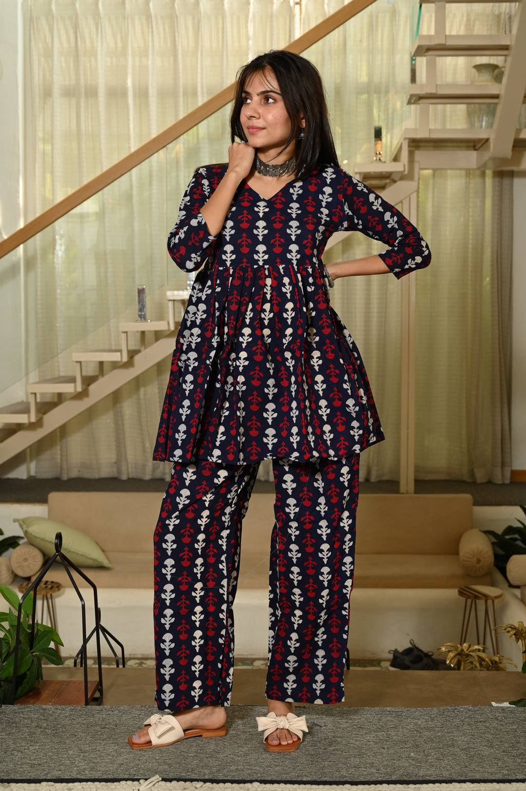 Navy Blue Handblock Print Cotton Co-ord Set for Women – Peplum Kurta & Straight Pants