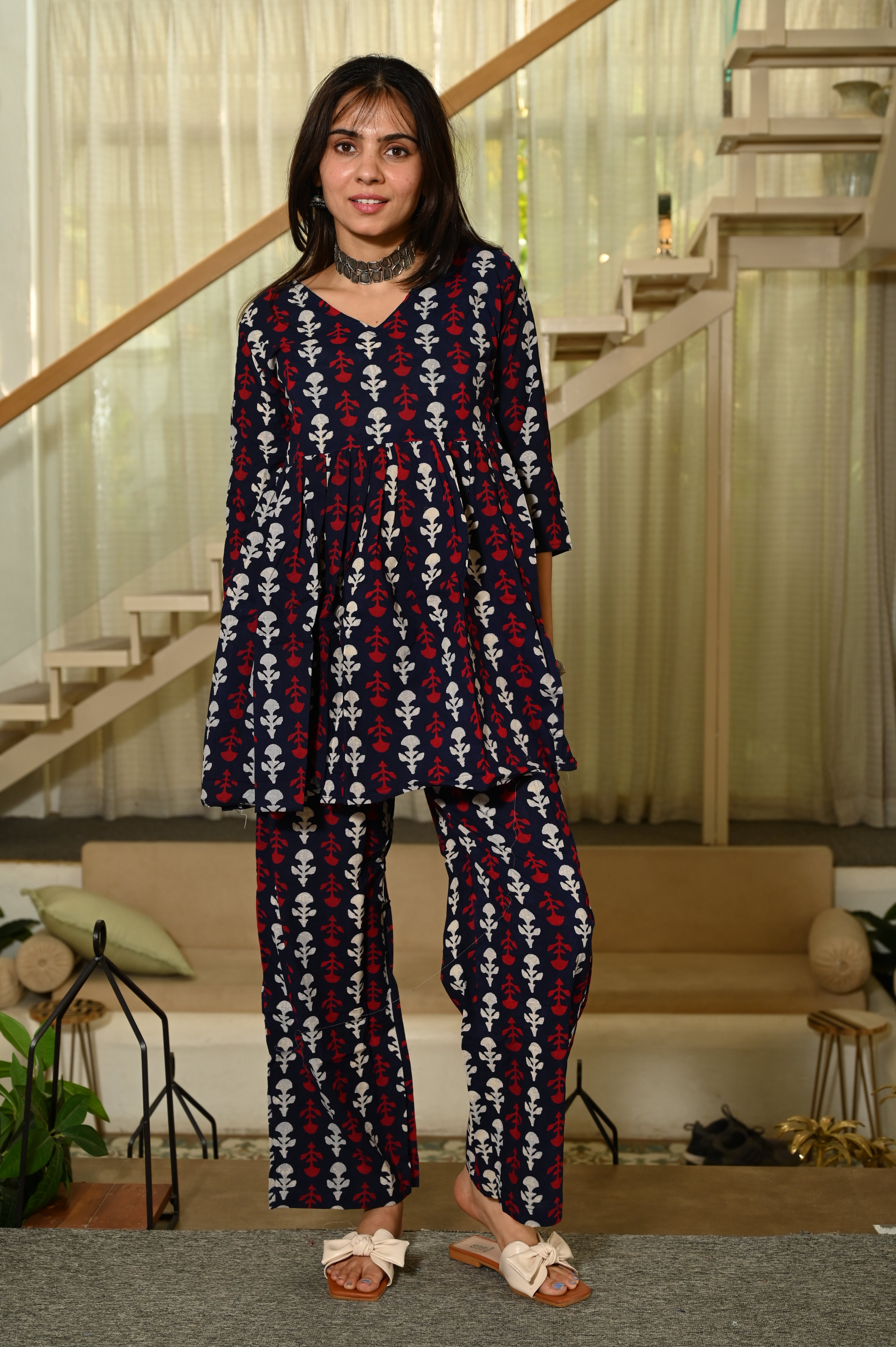 Navy Blue Handblock Print Cotton Co-ord Set for Women – Peplum Kurta & Straight Pants