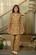 Mustard Yellow Block Print Cotton Co-ord Set for Women – Peplum Kurta & Straight Pants