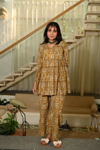 Mustard Yellow Block Print Cotton Co-ord Set for Women – Peplum Kurta & Straight Pants