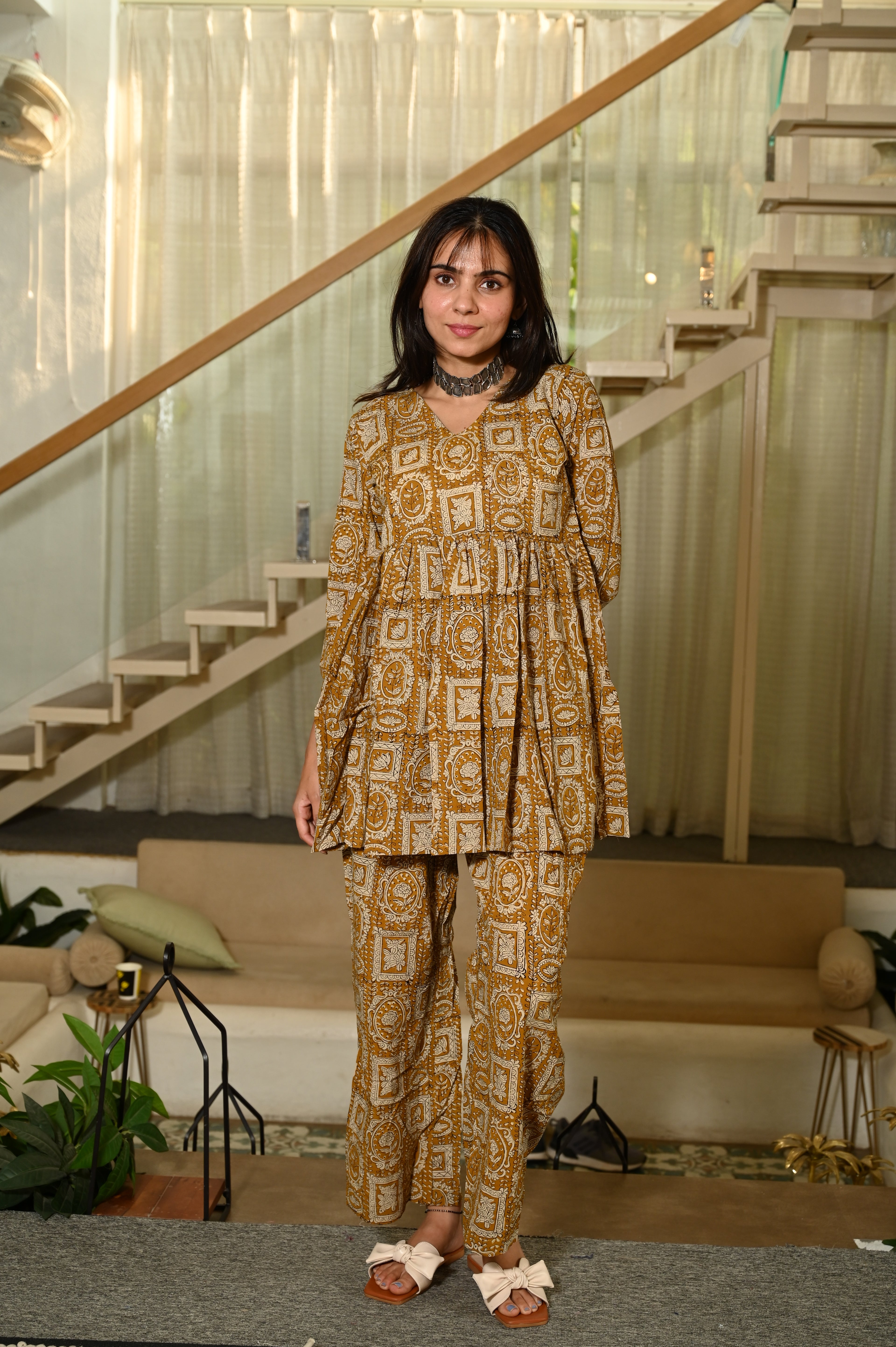 Mustard Yellow Block Print Cotton Co-ord Set for Women – Peplum Kurta & Straight Pants