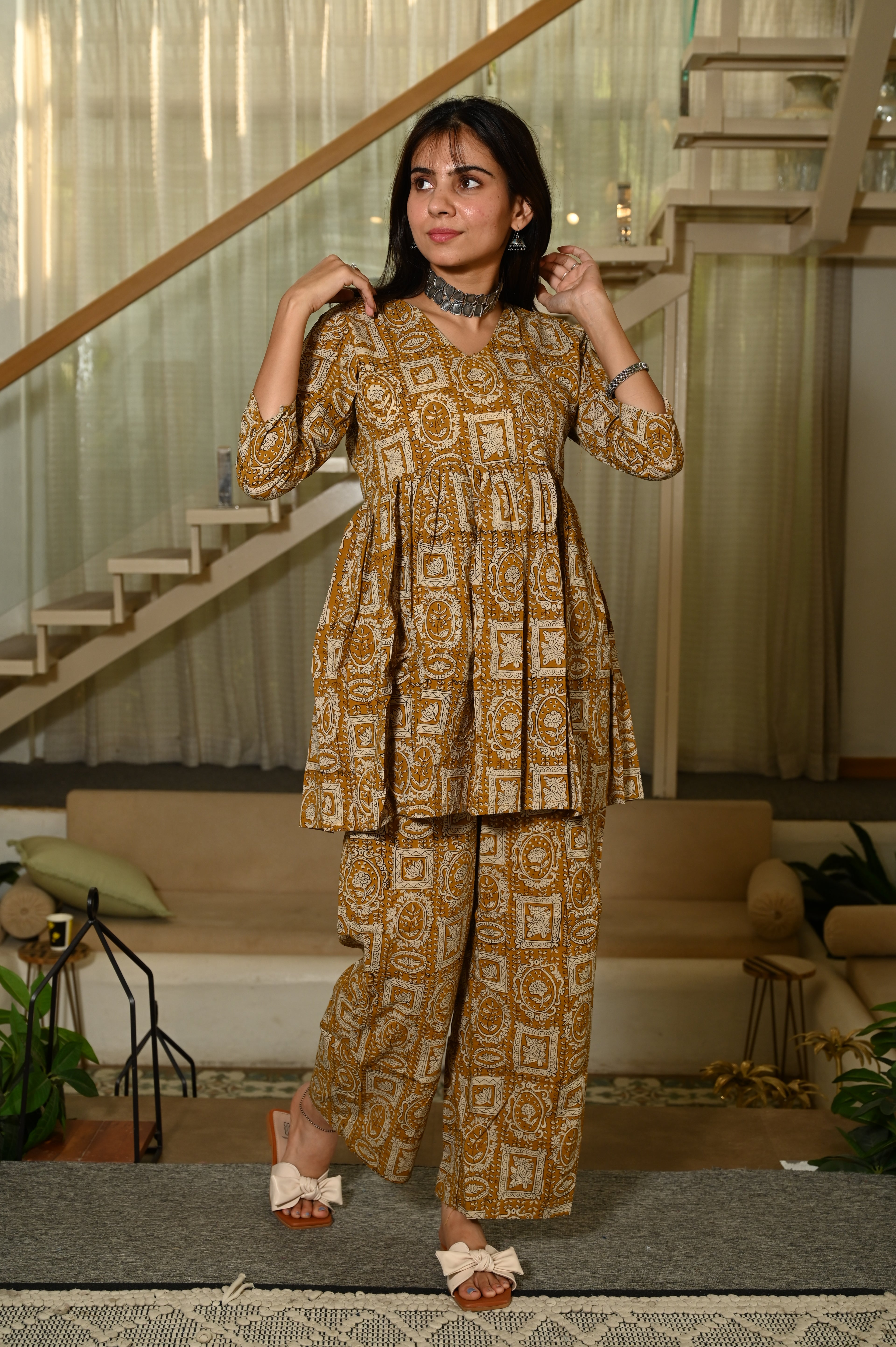 Mustard Yellow Block Print Cotton Co-ord Set for Women – Peplum Kurta & Straight Pants