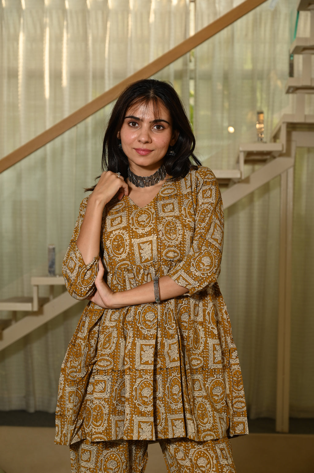 Mustard Yellow Block Print Cotton Co-ord Set for Women – Peplum Kurta & Straight Pants