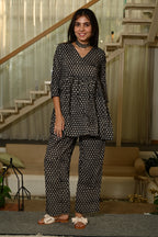 Black Block Print Cotton Co-ord Set for Women – Peplum Kurta & Straight Pants