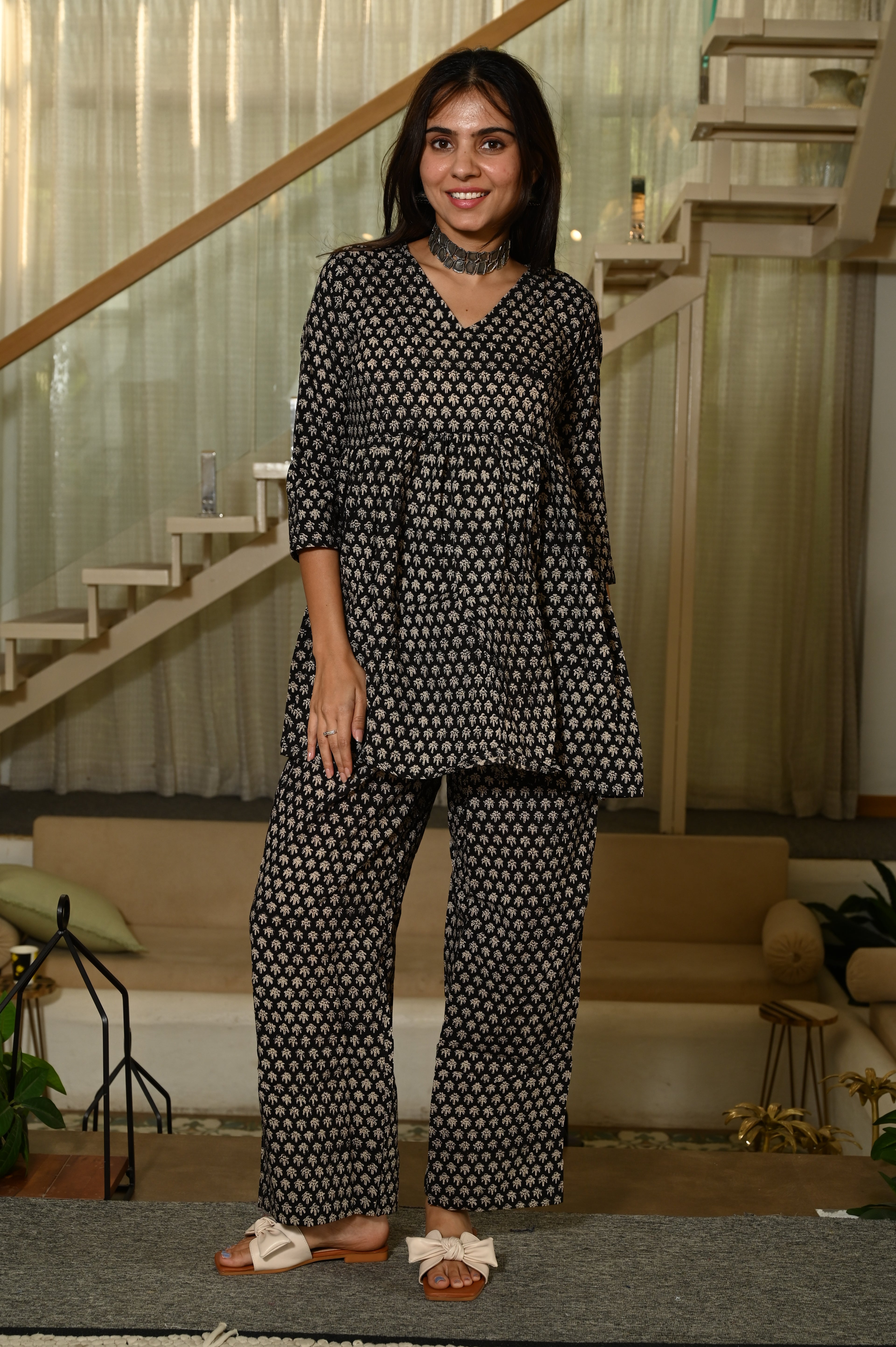 Black Block Print Cotton Co-ord Set for Women – Peplum Kurta & Straight Pants