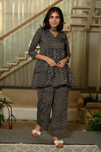 Black Block Print Cotton Co-ord Set for Women – Peplum Kurta & Straight Pants