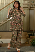 Green Floral Print Cotton Co-ord Set for Women – Peplum Kurta & Straight Pants
