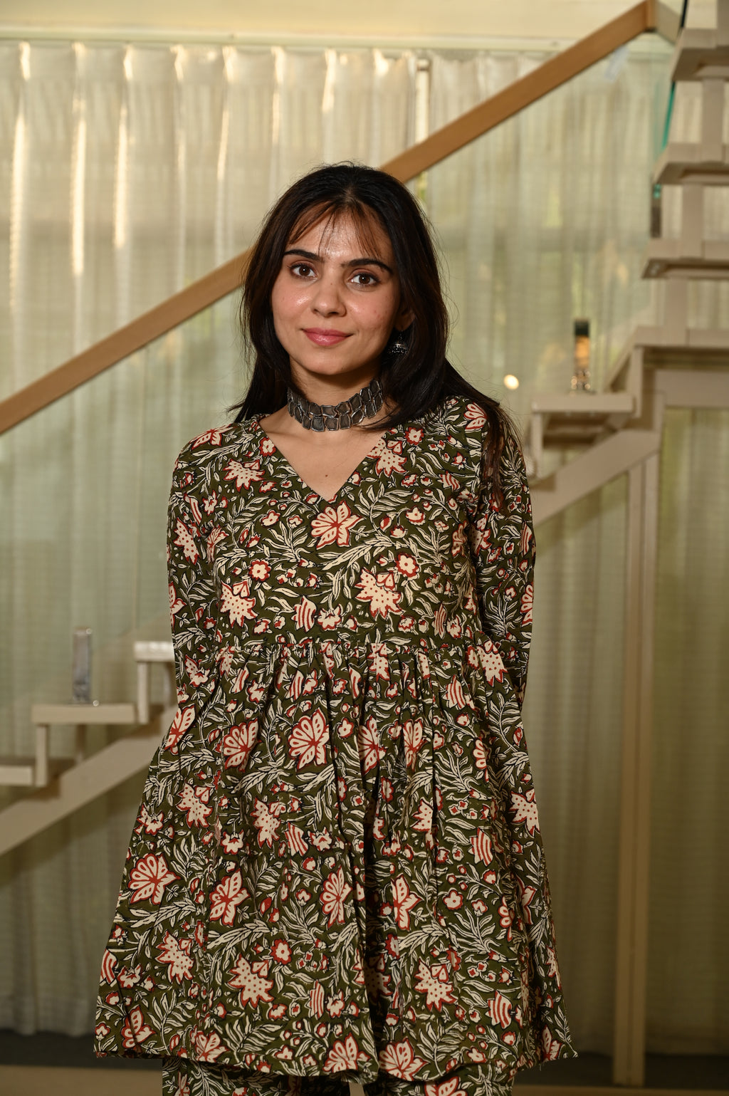 Green Floral Print Cotton Co-ord Set for Women – Peplum Kurta & Straight Pants