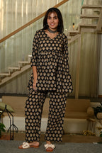 Black Floral Print Cotton Co-ord Set for Women – Peplum Kurta & Straight Pants