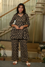 Black Floral Print Cotton Co-ord Set for Women – Peplum Kurta & Straight Pants