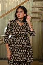 Black Floral Print Cotton Co-ord Set for Women – Peplum Kurta & Straight Pants