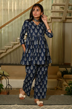 Black And Blue Floral Print Cotton Co-ord Set for Women – Peplum Kurta & Straight Pants