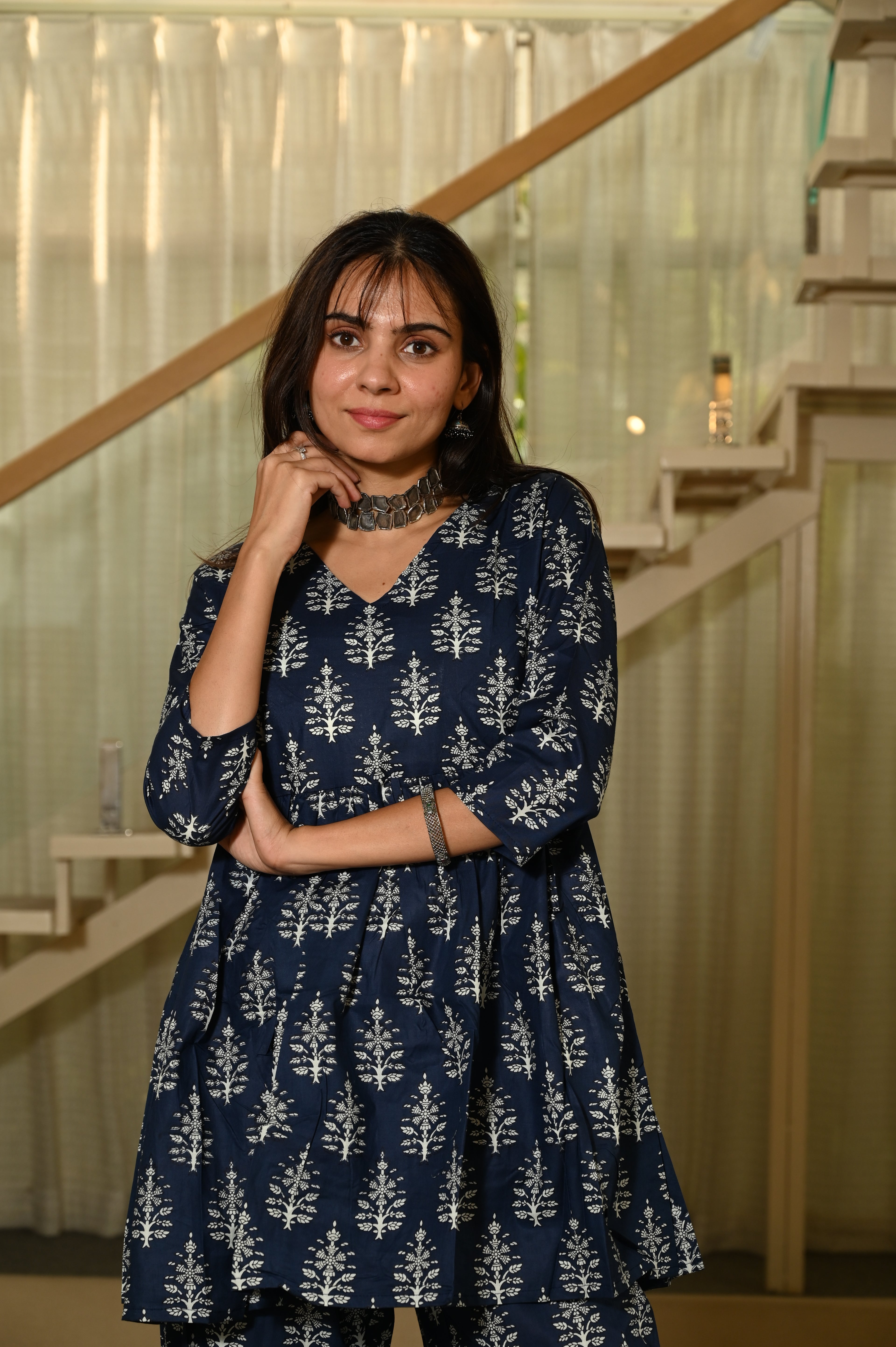 Black And Blue Floral Print Cotton Co-ord Set for Women – Peplum Kurta & Straight Pants
