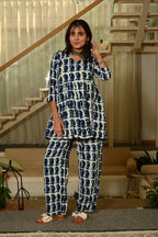Navy Blue Floral Print Cotton Co-ord Set for Women – Peplum Kurta & Straight Pants