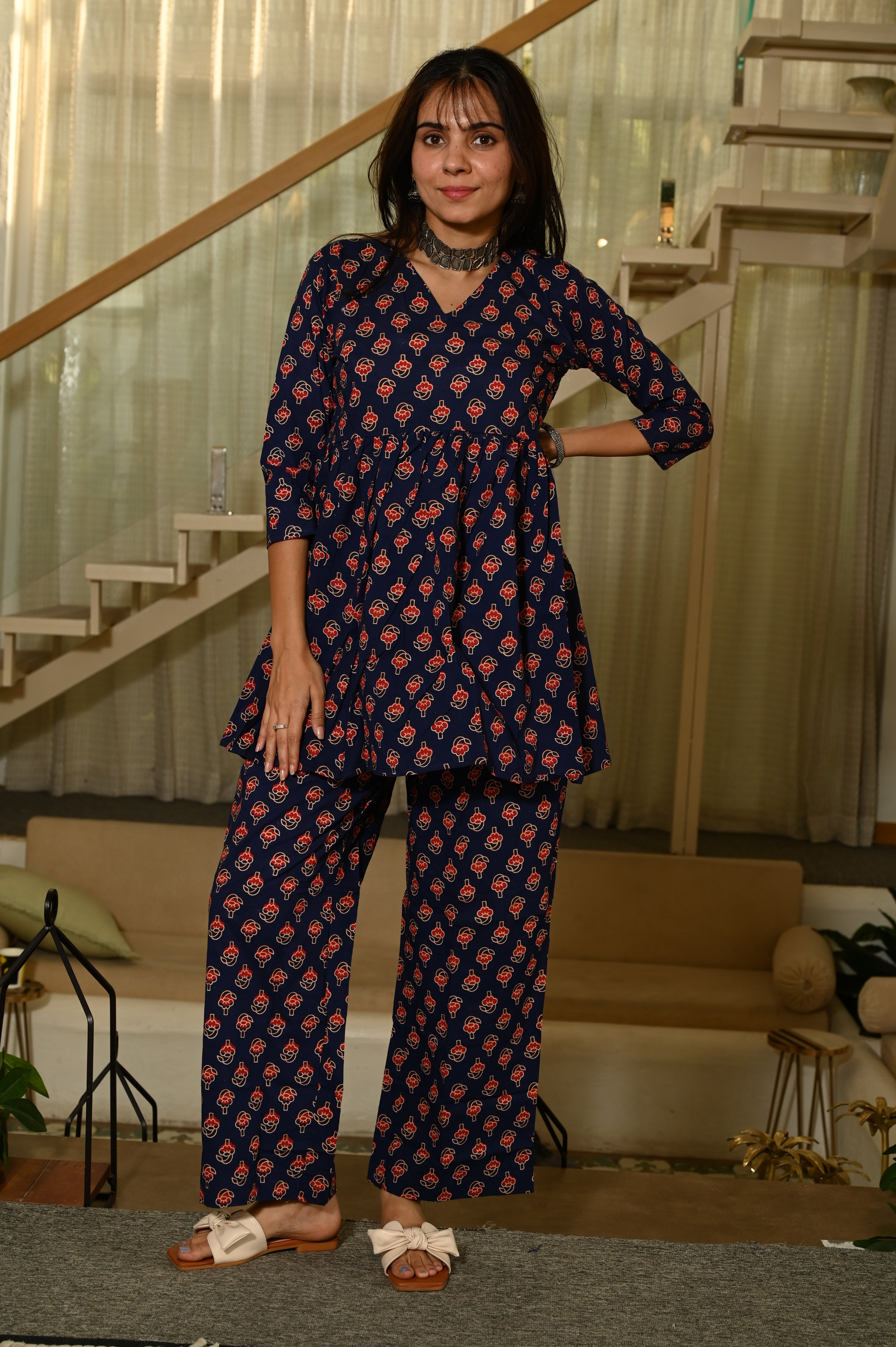 Navy Blue And Red Floral Print Cotton Co-ord Set for Women – Peplum Kurta & Straight Pants, Casual Ethnic Wear