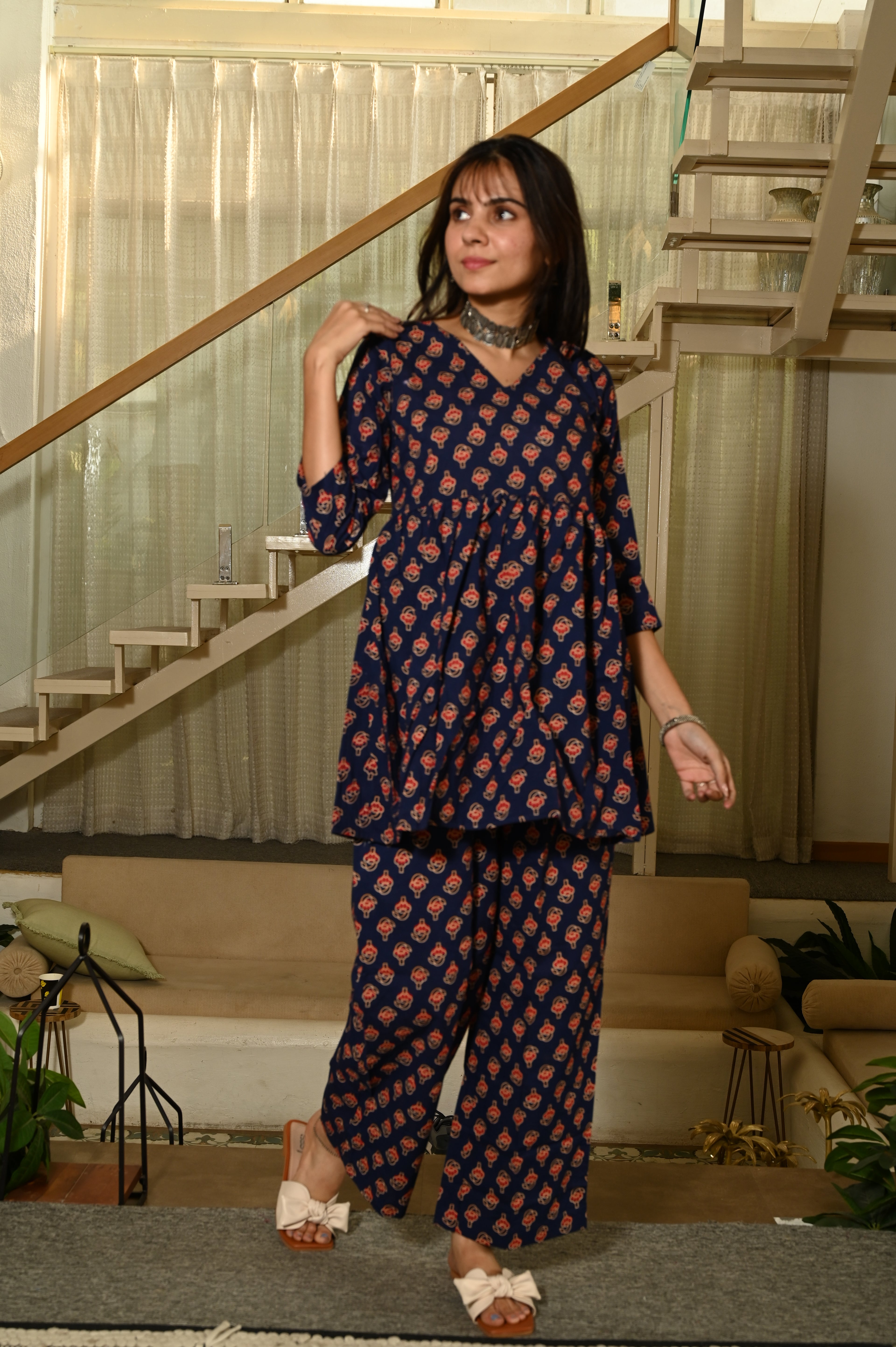 Navy Blue And Red Floral Print Cotton Co-ord Set for Women – Peplum Kurta & Straight Pants, Casual Ethnic Wear