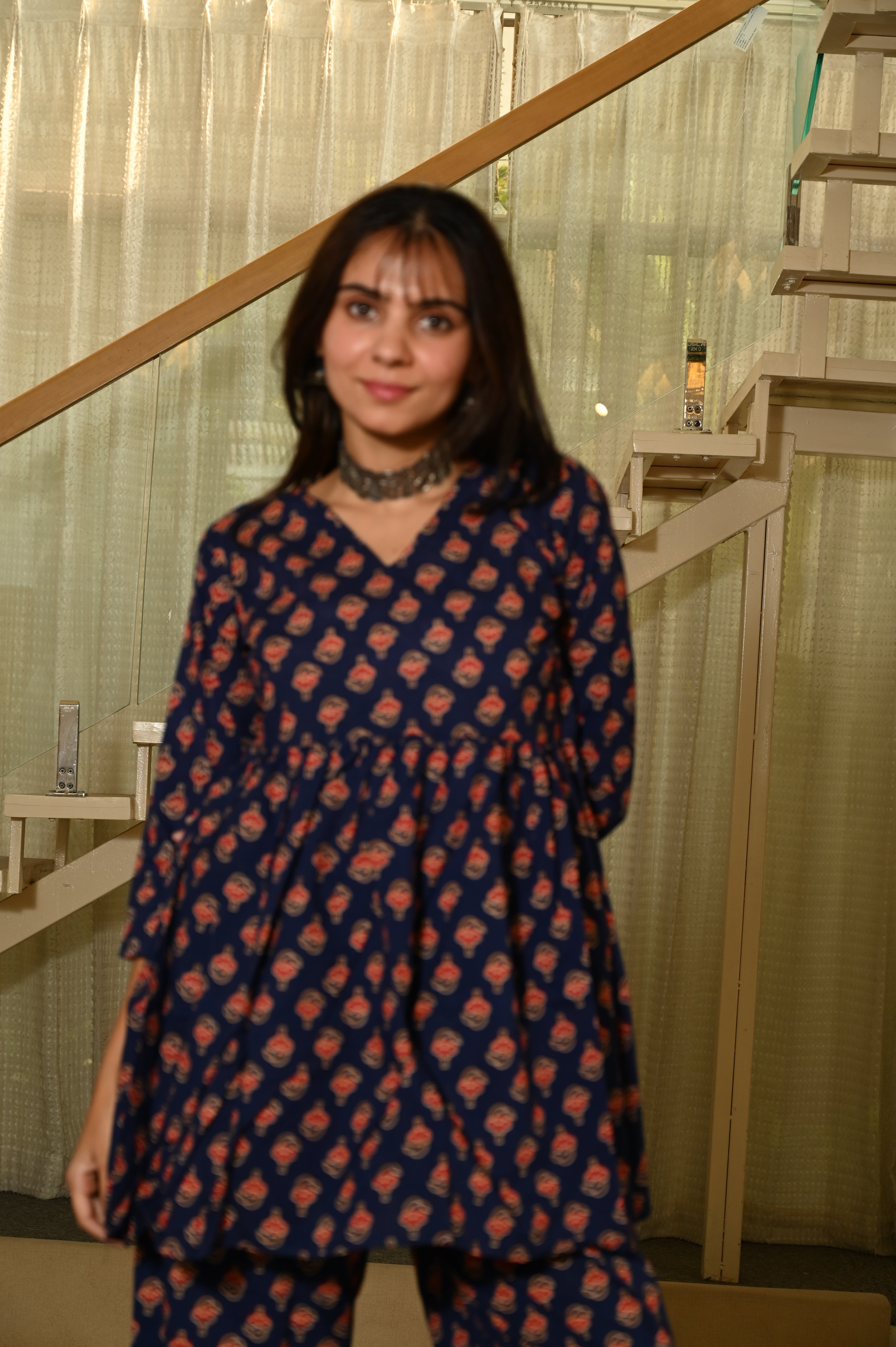Navy Blue And Red Floral Print Cotton Co-ord Set for Women – Peplum Kurta & Straight Pants, Casual Ethnic Wear