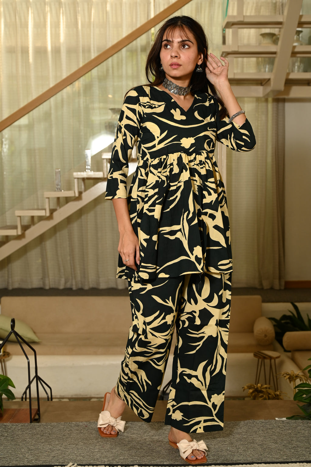 Black Printed Print Cotton Co-ord Set for Women – Peplum Kurta & Straight Pants, Casual Ethnic Wear