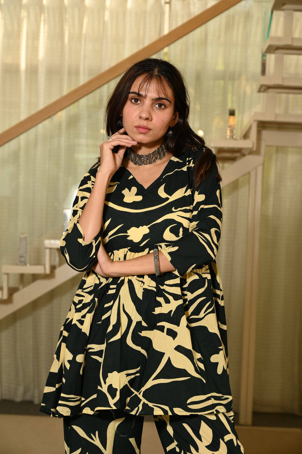 Black Printed Print Cotton Co-ord Set for Women – Peplum Kurta & Straight Pants, Casual Ethnic Wear