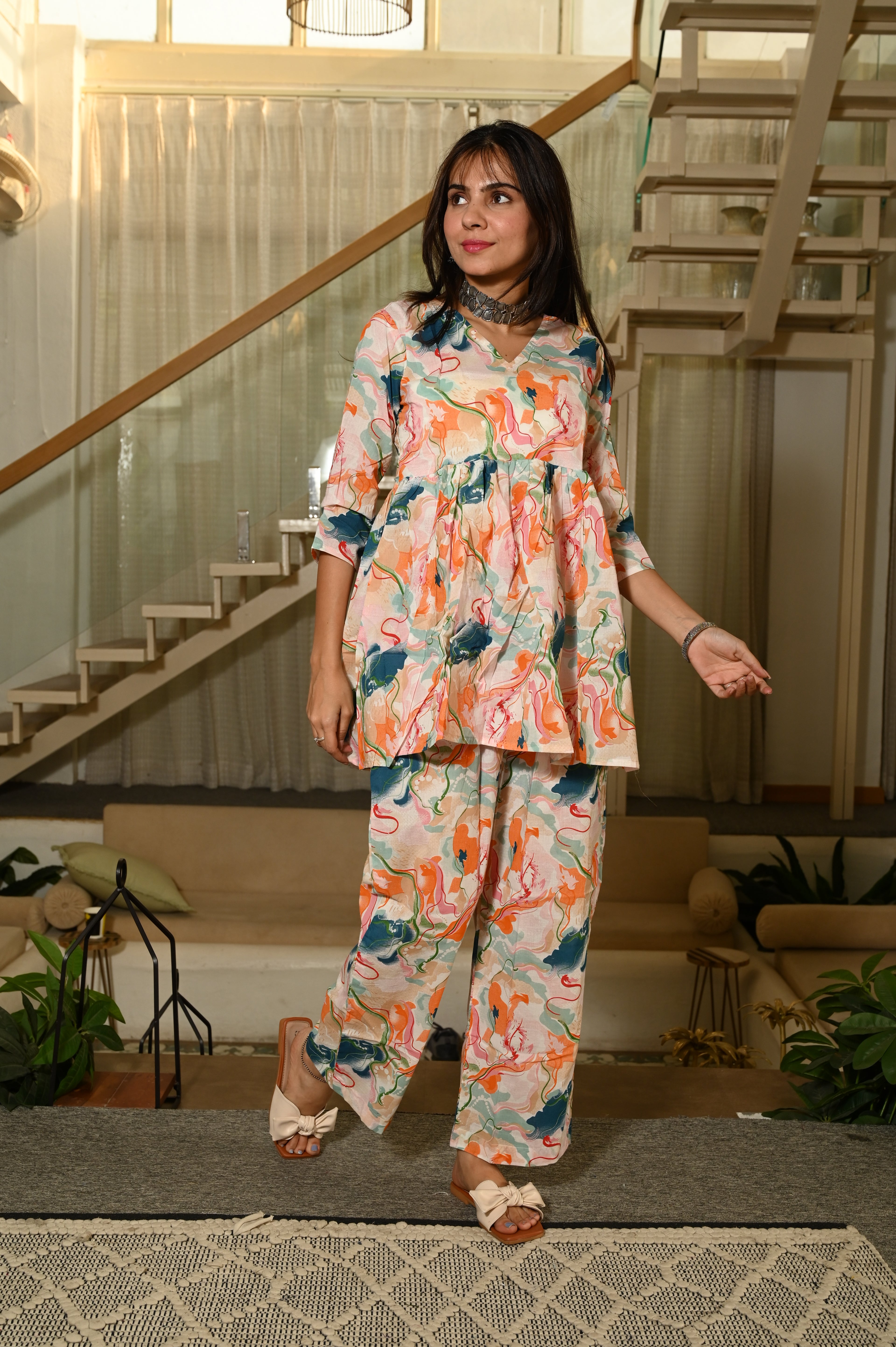 Multti-Color Printed Print Cotton Co-ord Set for Women – Peplum Kurta & Straight Pants, Casual Ethnic Wear