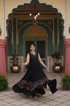 Black Designer Heavy Reyon Gown with Printed Frill & Fancy V-Neck