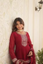 Maroon Faux Blooming Sequins Embroidered Gown with Matching Dupatta – Festive & Party Wear 2024