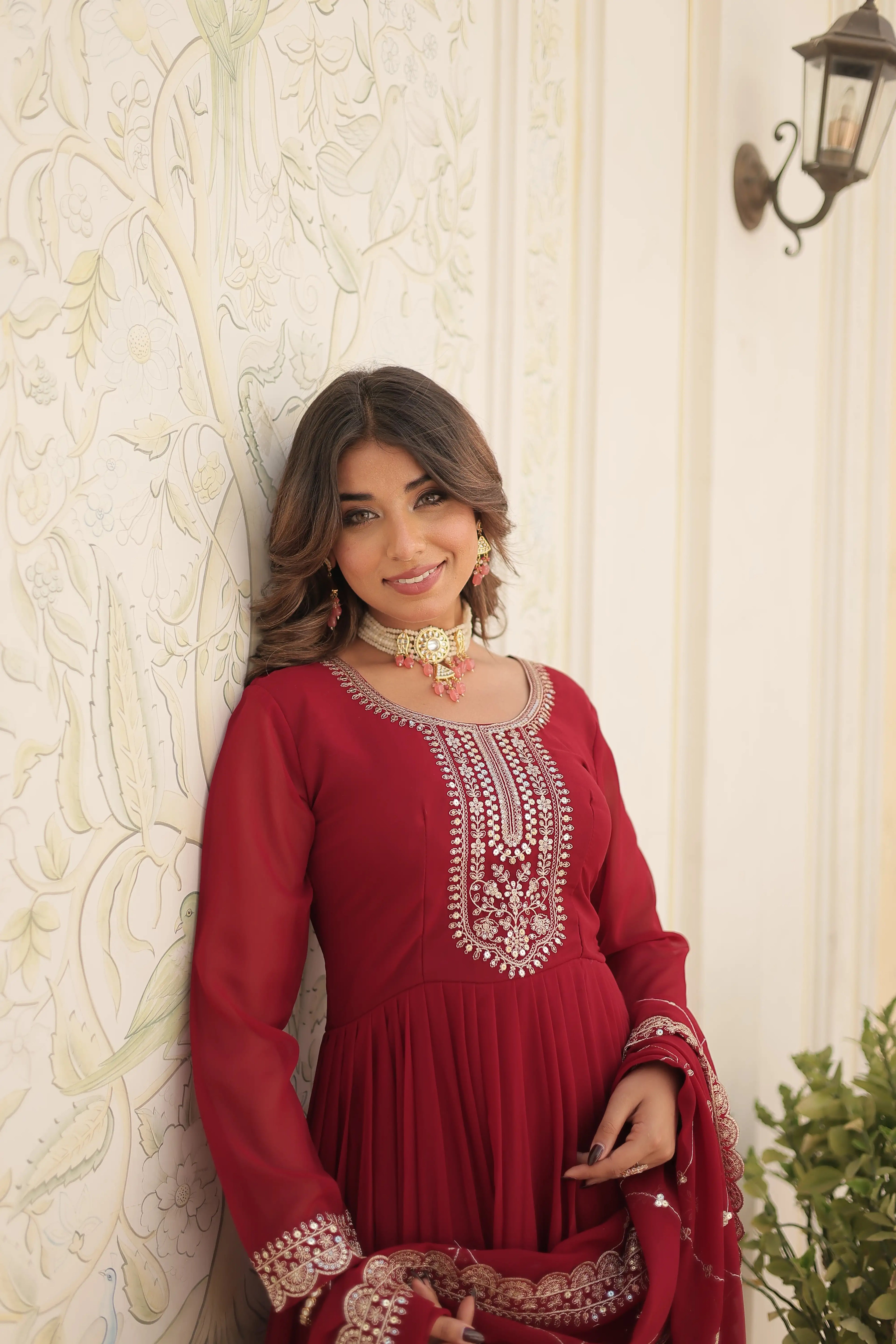 Maroon Faux Blooming Sequins Embroidered Gown with Matching Dupatta – Festive & Party Wear 2024