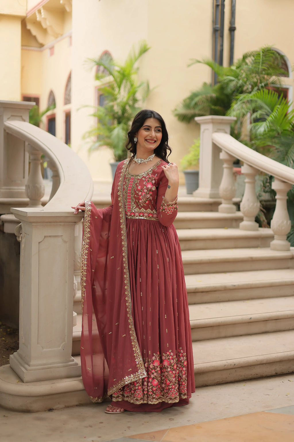 Coffee Faux Georgette Sequins Embroidered Kurti with Sharara & Dupatta Set