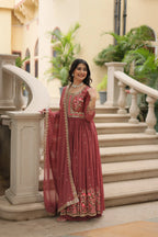 Coffee Faux Georgette Sequins Embroidered Kurti with Sharara & Dupatta Set