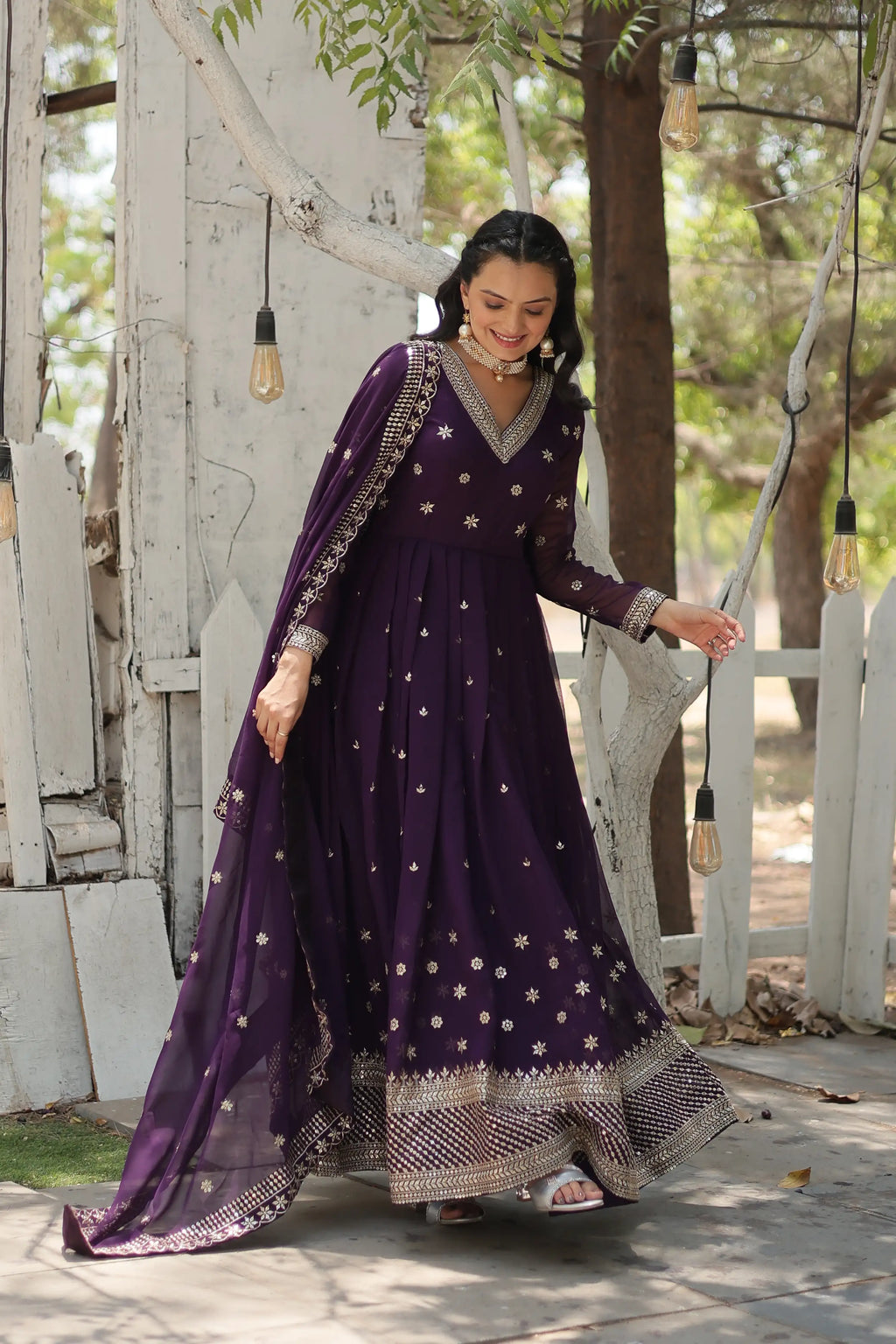 Purple Designer Faux Blooming Anarkali Gown with Sequins Embroidered Dupatta – Wedding & Festive Wear