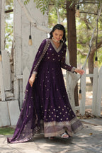 Purple Designer Faux Blooming Anarkali Gown with Sequins Embroidered Dupatta – Wedding & Festive Wear