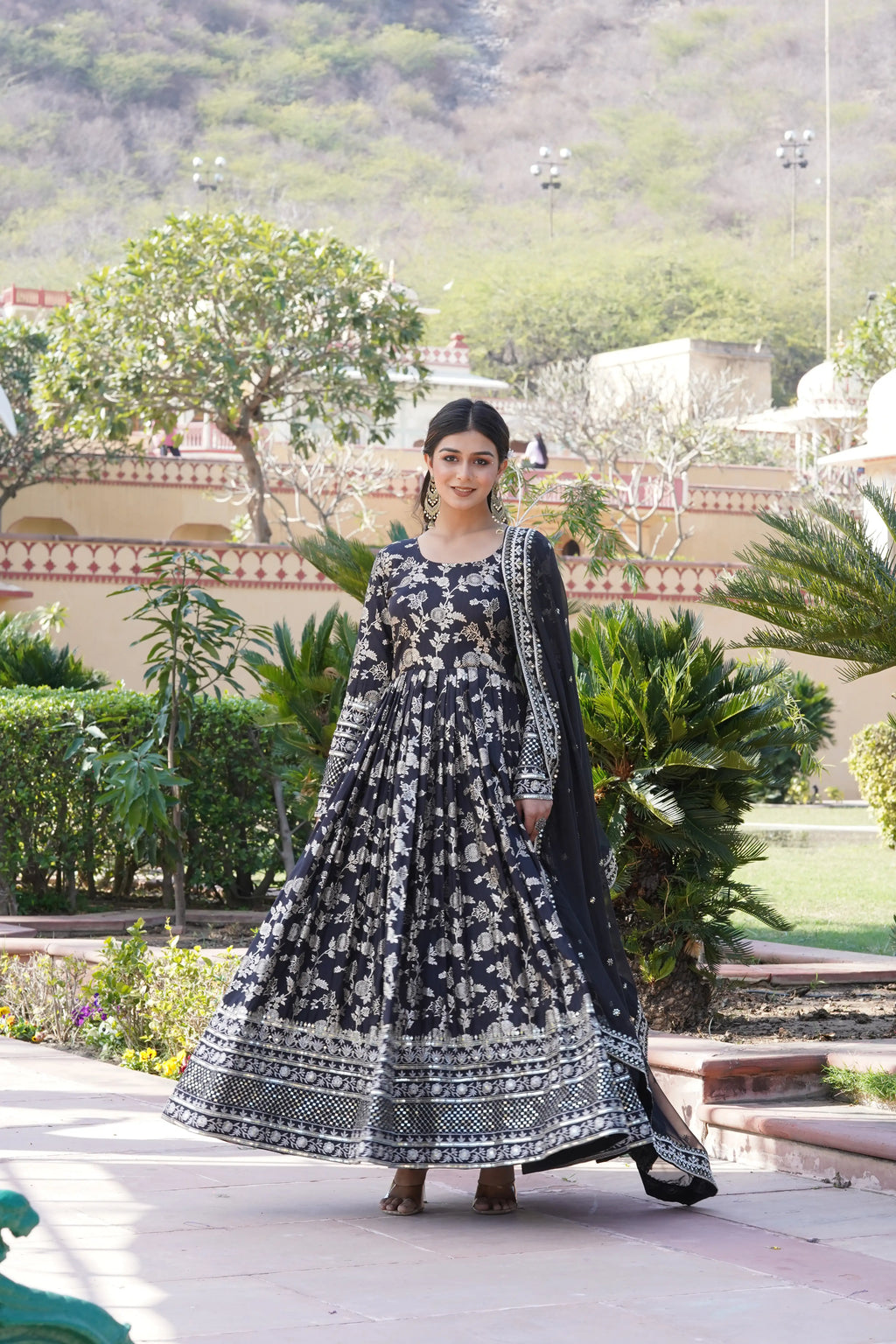 Black Viscose Dyable Jacquard Gown with Russian Silk Sequined Dupatta – Elegant Party & Wedding Set
