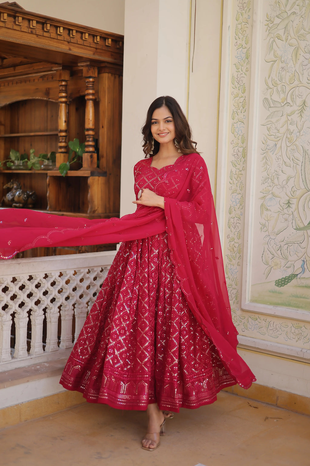 Rani Faux Blooming Designer Gown with Sequined Dupatta – Elegant Fully Flared Party & Wedding Set