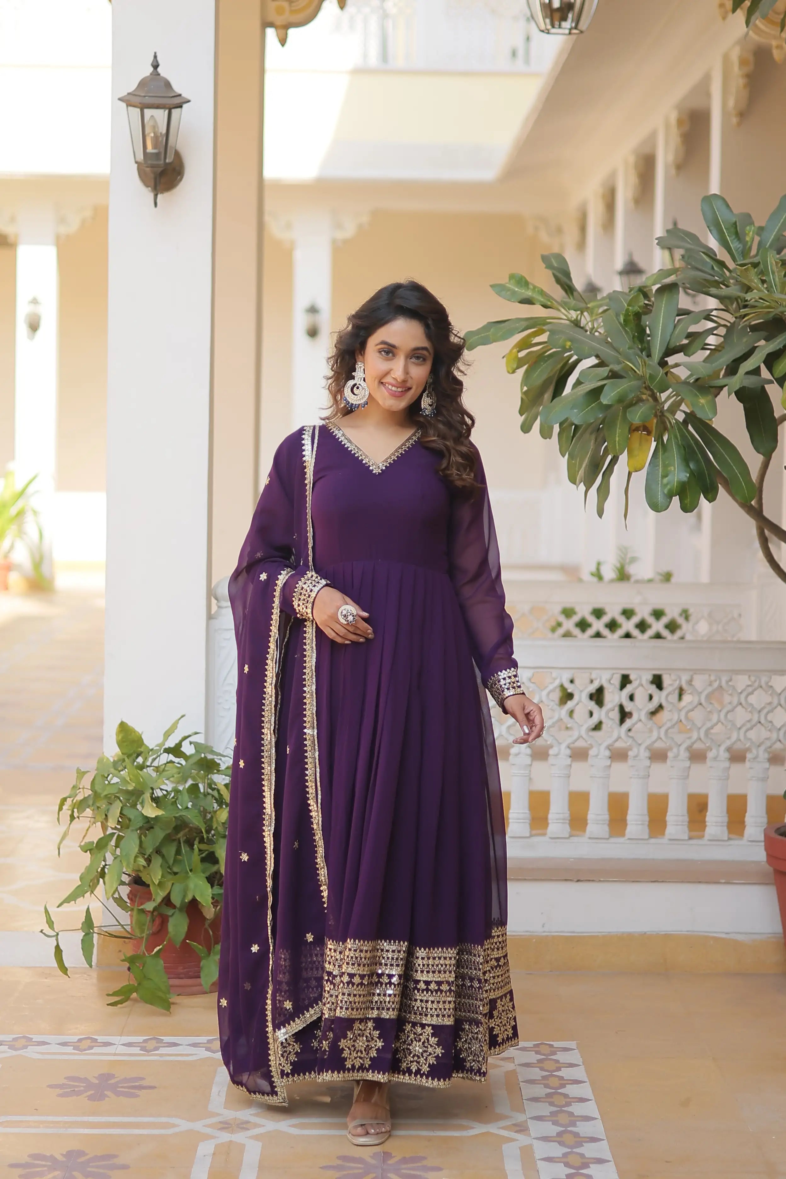 Purple Faux Blooming Gown with Sequined Dupatta – Elegant Fully Flared Party & Wedding Set