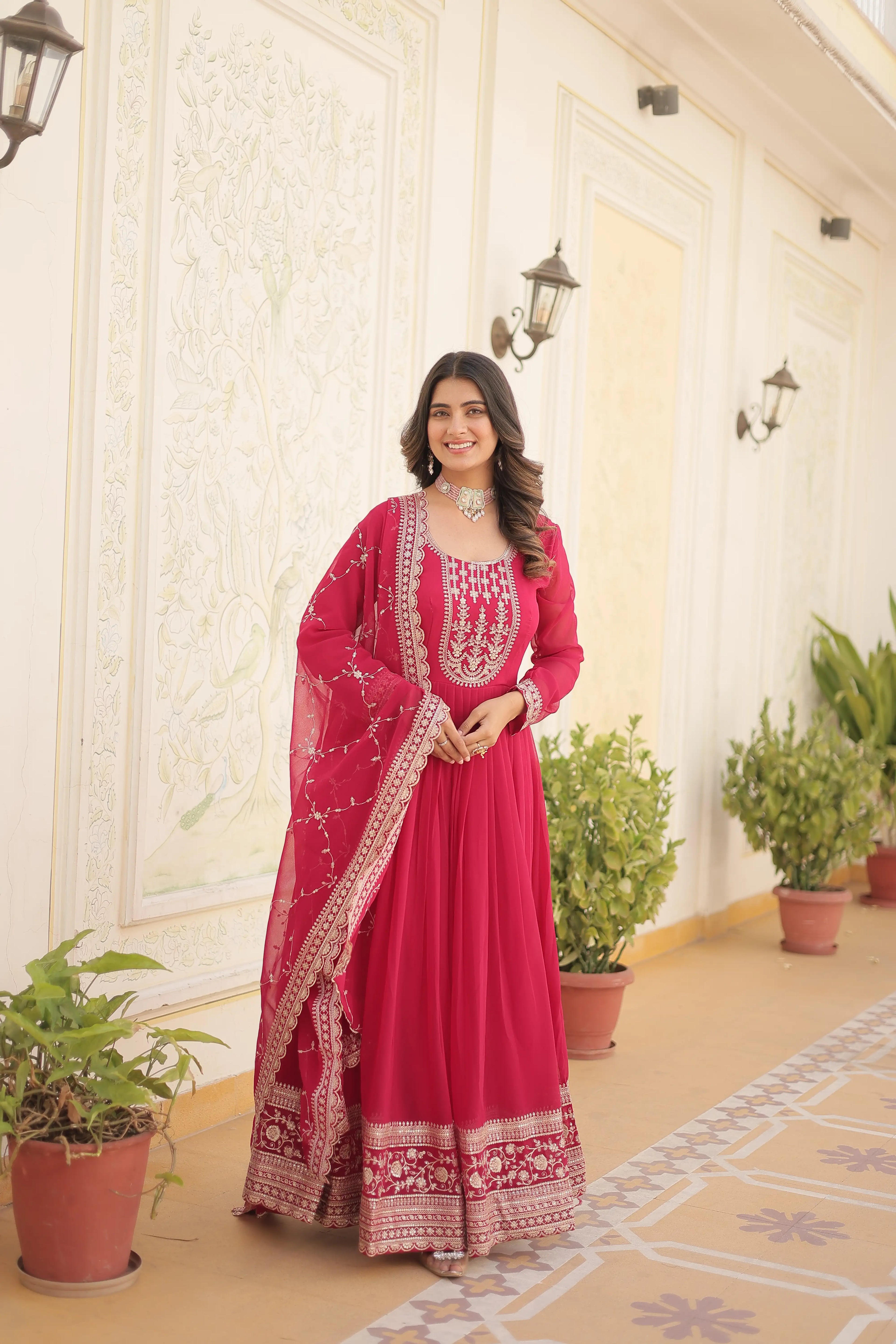 Pink Faux Blooming Sequins Embroidered Gown with Matching Dupatta – Festive & Party Wear 2024