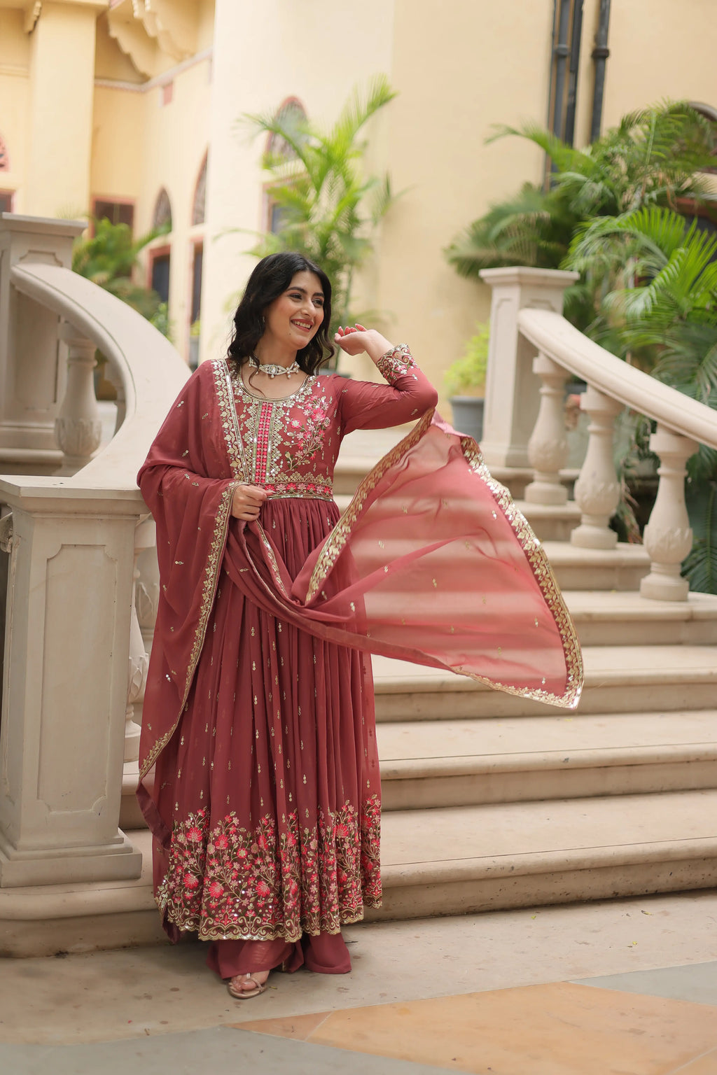 Coffee Faux Georgette Sequins Embroidered Kurti with Sharara & Dupatta Set