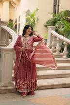 Coffee Faux Georgette Sequins Embroidered Kurti with Sharara & Dupatta Set