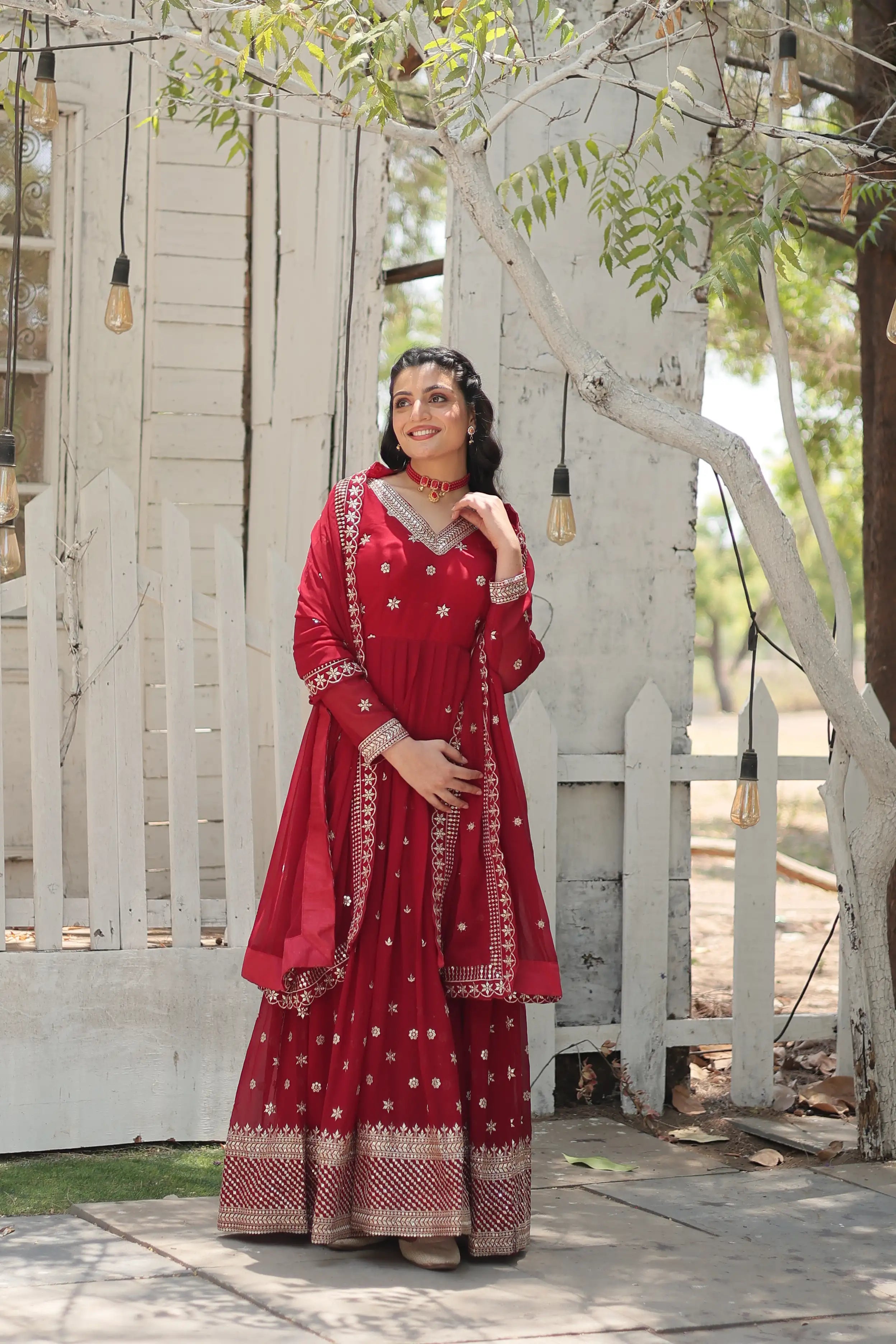 Maroon Designer Faux Blooming Anarkali Gown with Sequins Embroidered Dupatta – Wedding & Festive Wear