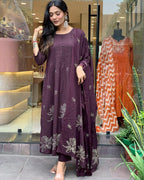 Women's Cotton Embroidery Floral Printed Long Straight Kurti With Pant And Dupatta Set