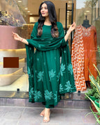 Women's Cotton Embroidery Floral Printed Long Straight Kurti With Pant And Dupatta Set