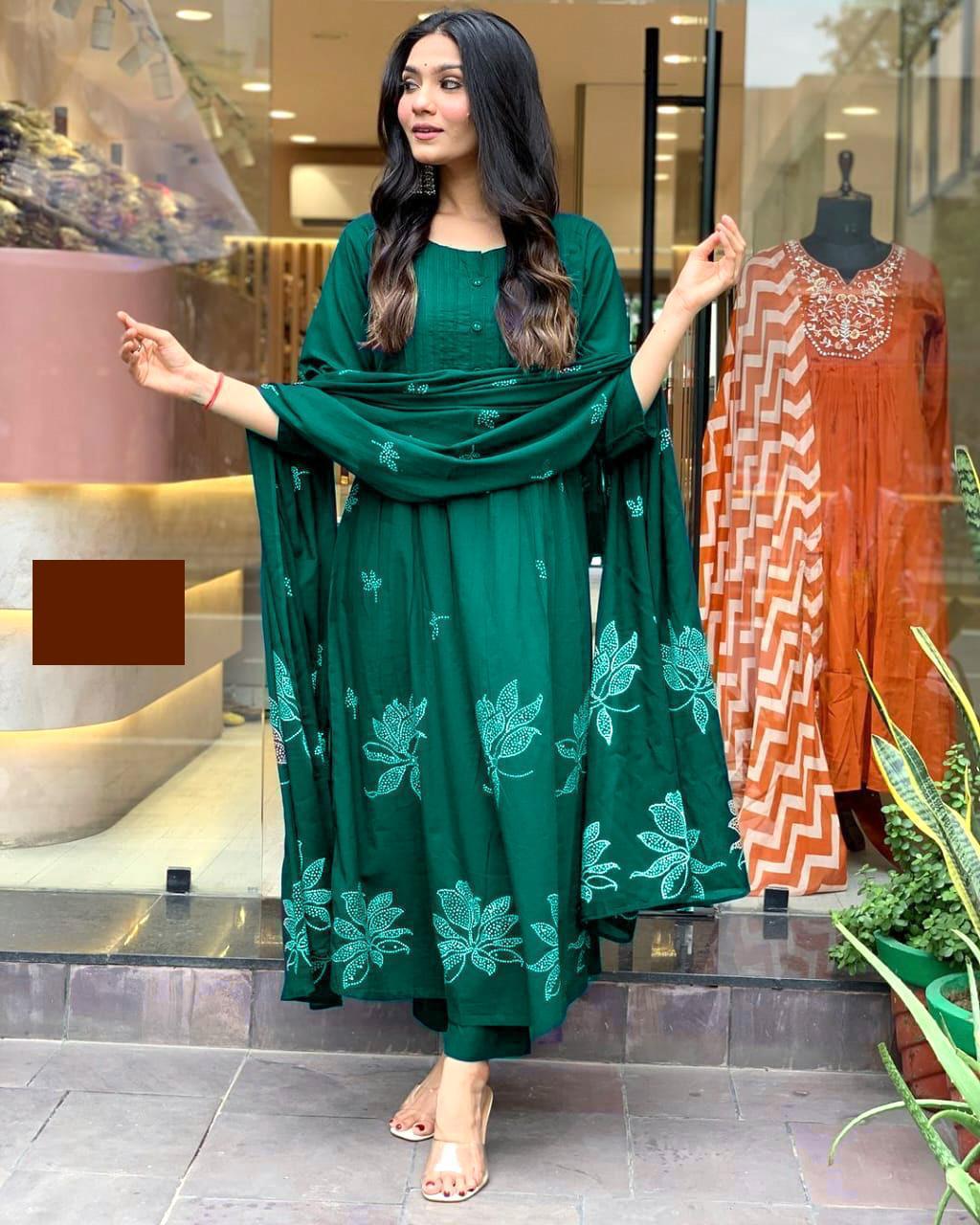 Women's Cotton Embroidery Floral Printed Long Straight Kurti With Pant And Dupatta Set