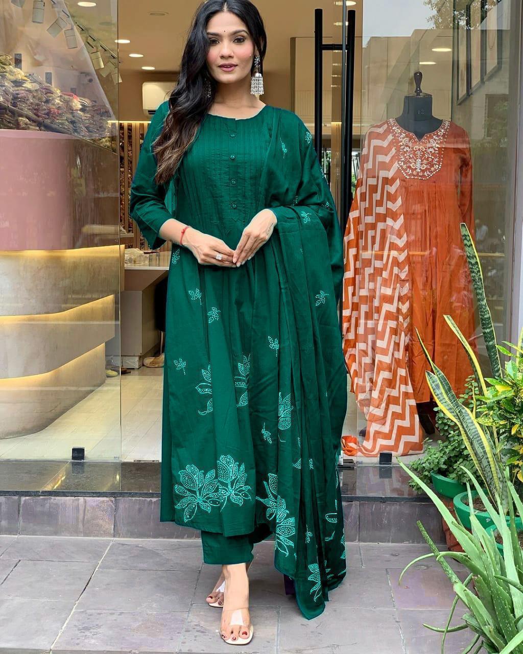Women's Cotton Embroidery Floral Printed Long Straight Kurti With Pant And Dupatta Set