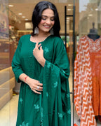 Women's Cotton Embroidery Floral Printed Long Straight Kurti With Pant And Dupatta Set
