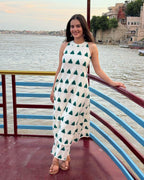 Women's Cotton Printed Sleeveless Elegant Summer Two-Piece Outfit (White)