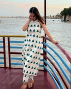 Women's Cotton Printed Sleeveless Elegant Summer Two-Piece Outfit (White)