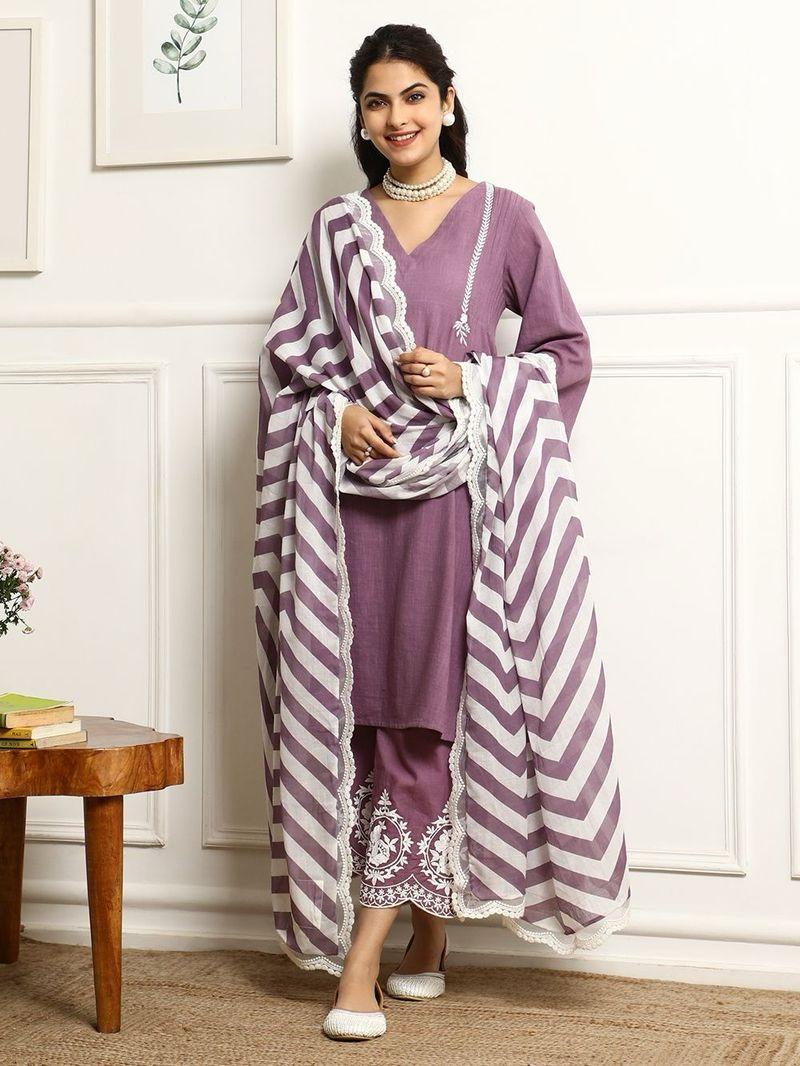 Women's Cotton Embroidered Straight Kurta & Pant With Dupatta Set