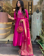 Women's Viscose Silk Heavy Embroidered Straight Kurta With Trouser & Banarasi Jacquard Dupatta Set